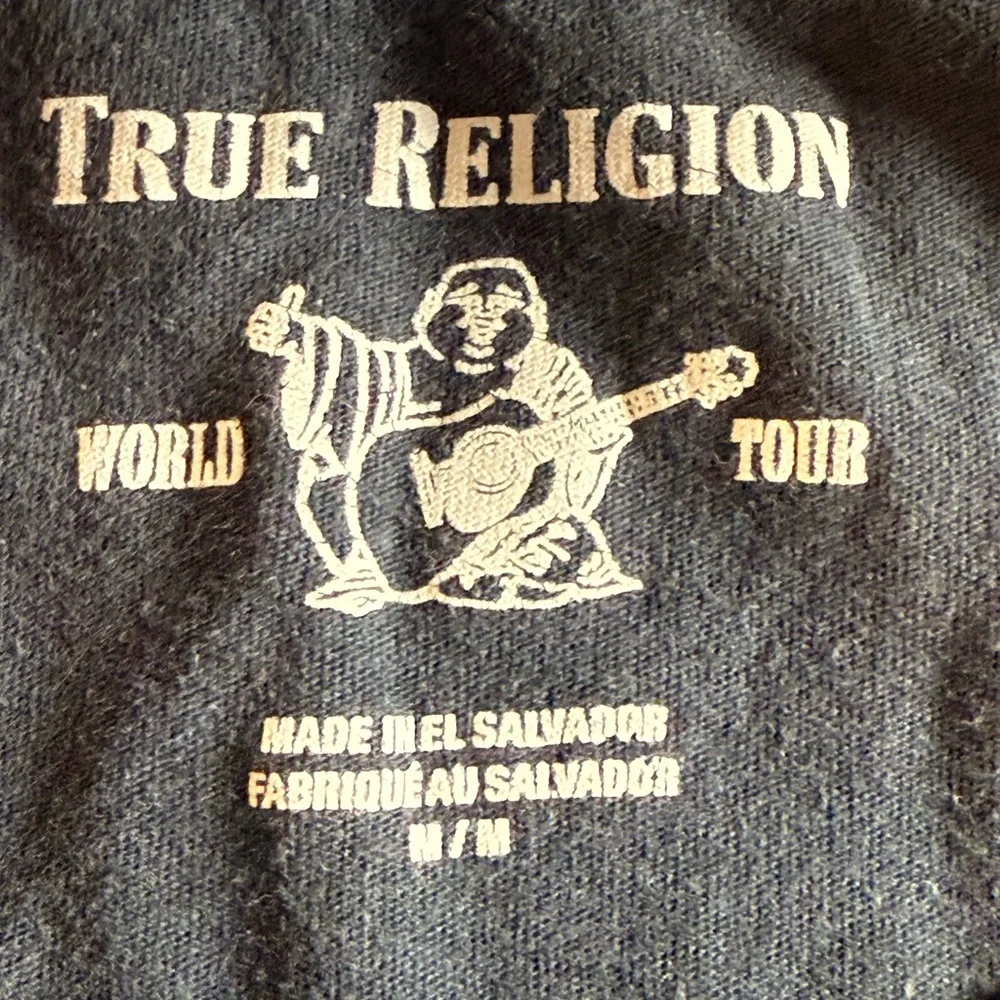 True Religion Distressed Black Buddha Logo Tee Shirt with Gold Emblem Medium
